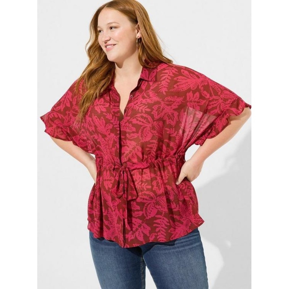 Torrid Womens Chiffon Dolman Button Up Short Sleeve Floral Leaf Print Top 1 1X